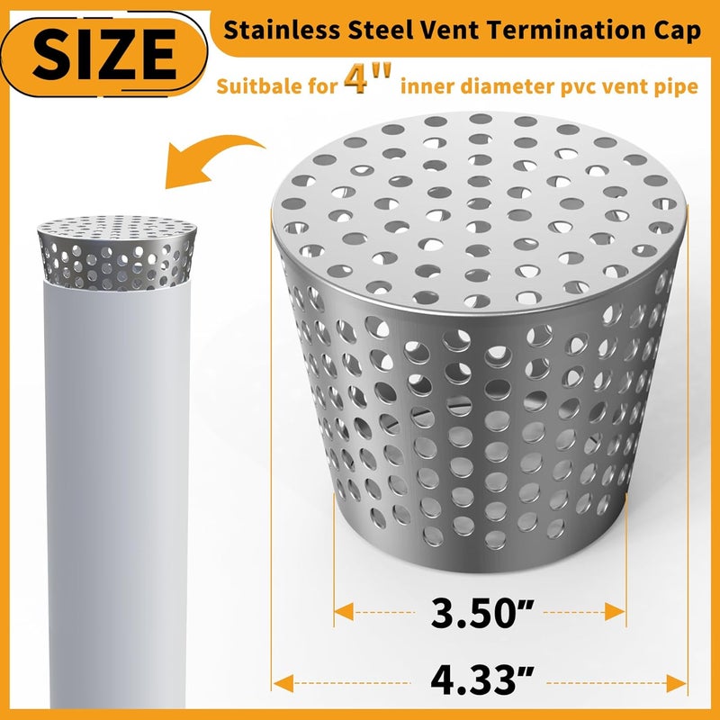 LBG Products غطاء تهوية PVC، غطاء تهوية سقف من الفولاذ المقاوم للصدأ بقطر 4.33 بوصة، غطاء تهوية سقف مخروطي، ملحقات PVC لماسورة التهوية بقطر داخلي من 3.6" إلى 4.3"، شبكة لمنع دخول الأوراق والحطام. - Image 2